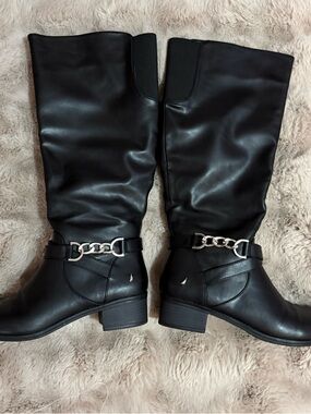 Women's Black Mid-Calf Leather Boots with Silver Chain Accent
